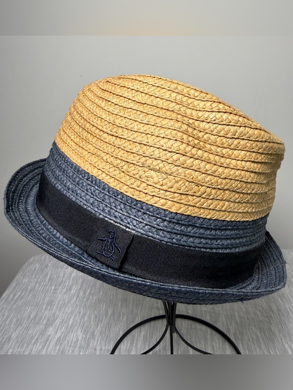 Original Penguin Two-Tone Natural Navy Straw Fedora Porkpie Summer Hat L/XL